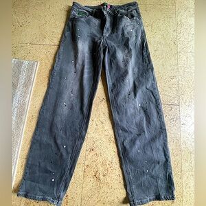 empyre jeans, size 6, paint splatters, low waist rise, straight leg and baggyish